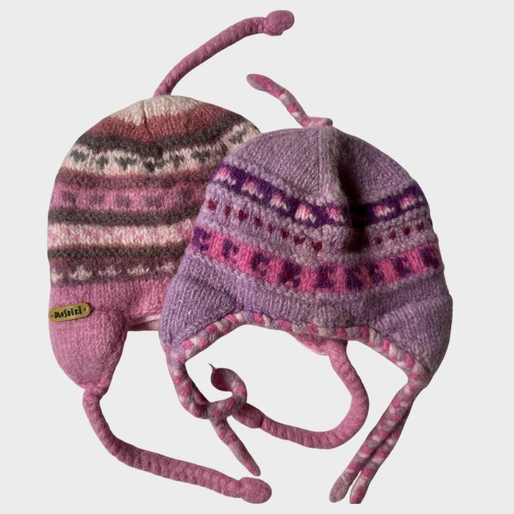 MOSHIKI Lot of 2 Caps 100% Wood Nepal Pink Purple Print Hats